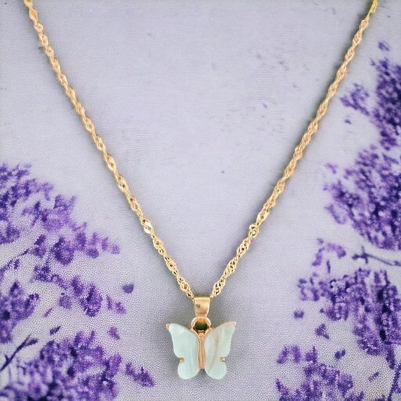 Gold Tone Light Blue Butterfly Pendant Necklace - Picture 4 of 12